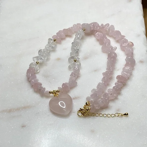 Rose Quartz Heart Pendant Beaded Necklace - Pink - Picture 8 of 9
